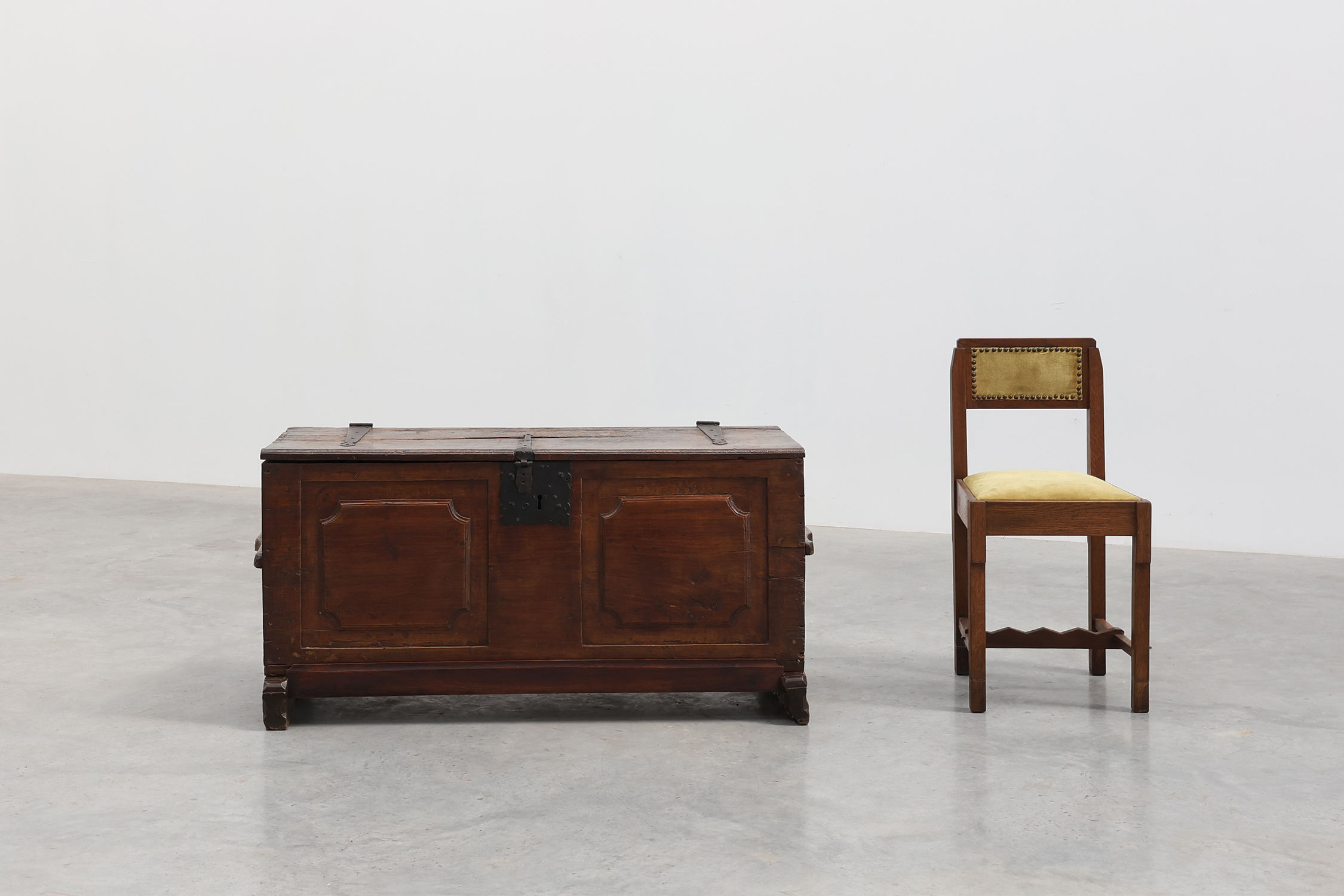 Flemish Oak Blanket Chest with panelled front and iron lock, dated 1825thumbnail